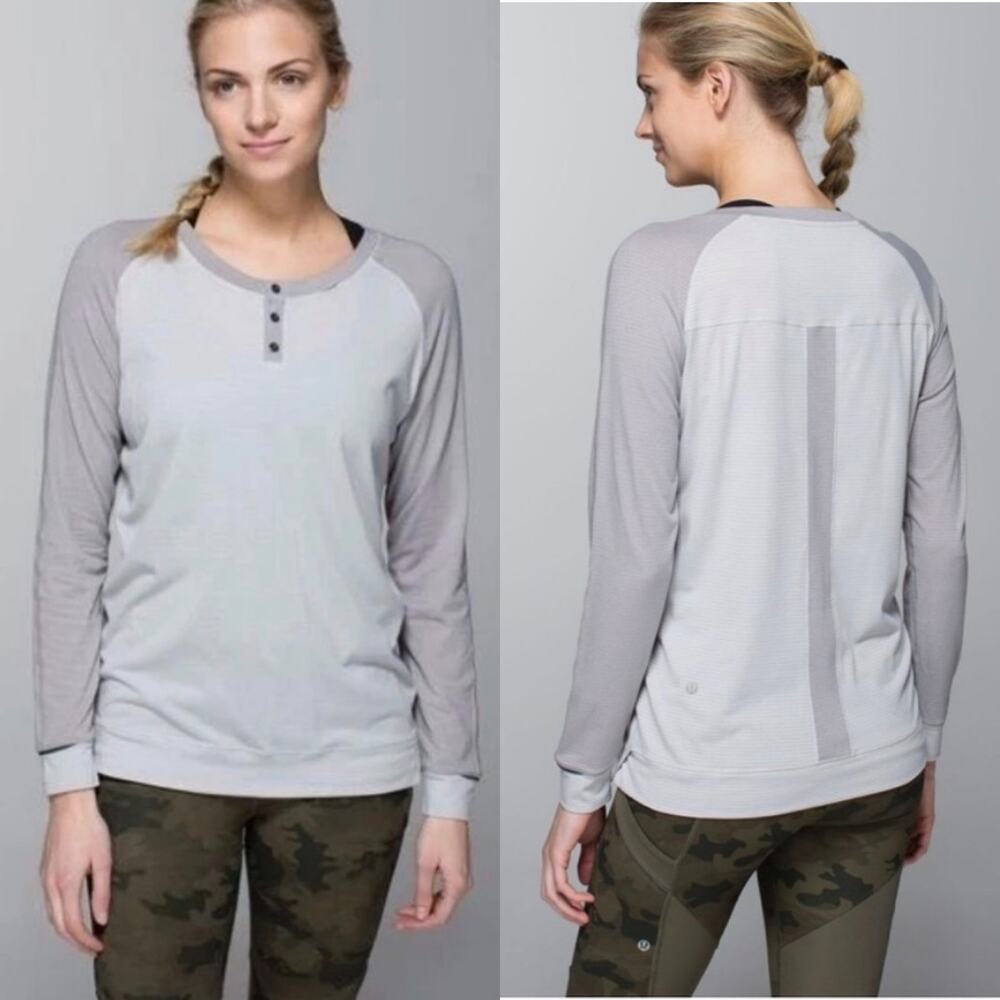 LULULEMON Runamuck Long Sleeve Henley Shirt in Heathered Light Grey Size 2-4